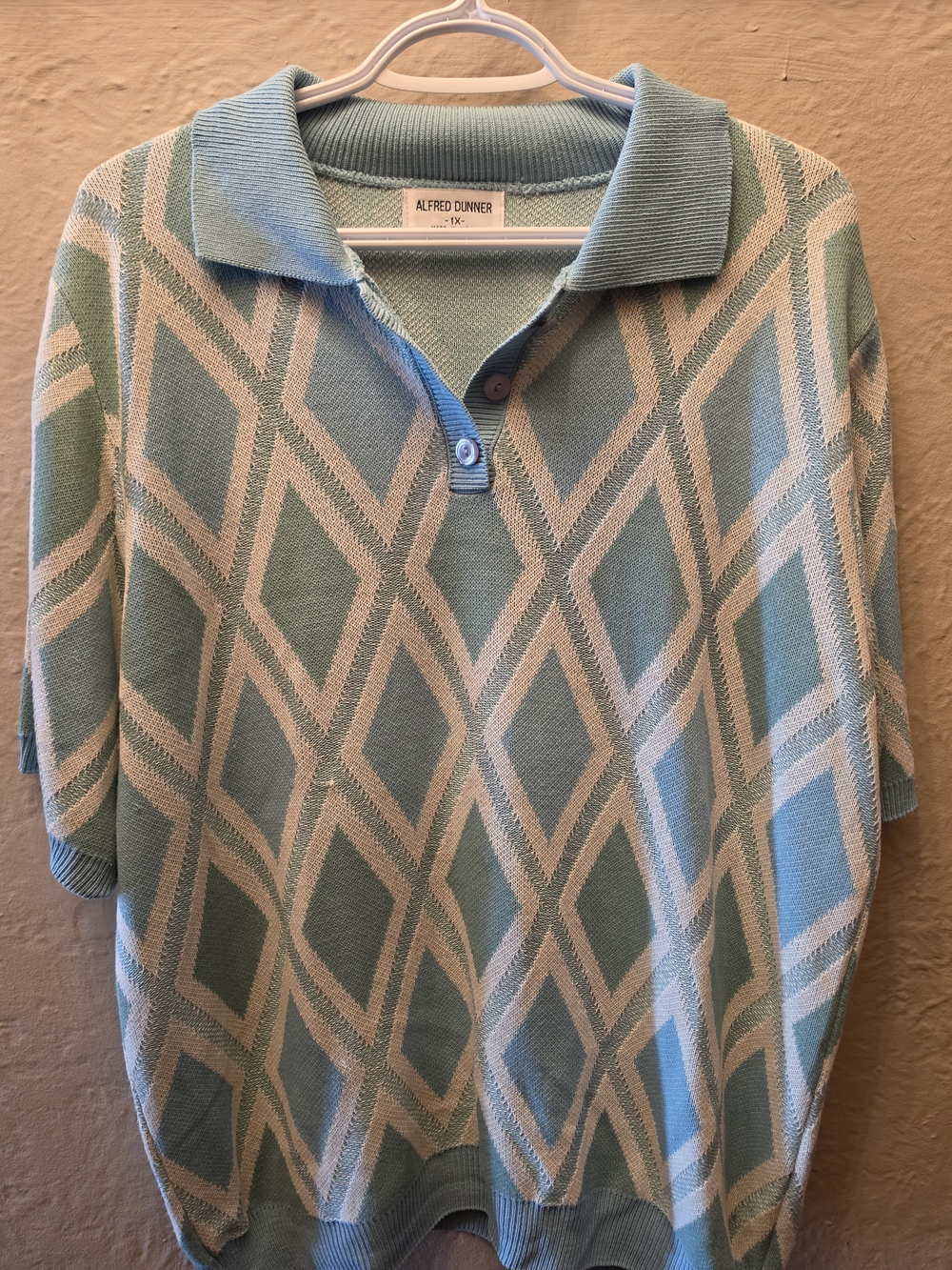 Vintage Alfred Dunner 1X Geometric Knit Polo Top Made USA Blue Cream Retro